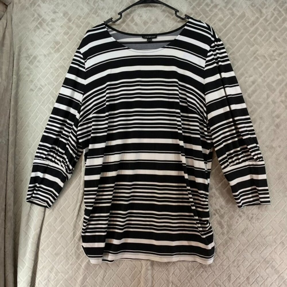 Lane Bryant Womens 18 Blouse Black White Stripes Long Sleeve Round Neck Flowy